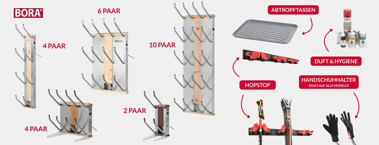 BORA Schuhtrockner – Modellübersicht von 2 bis 10 Paar mit Zubehör: Abtropftassen, Duft & Hygiene, HopStop und Handschuhhalter.