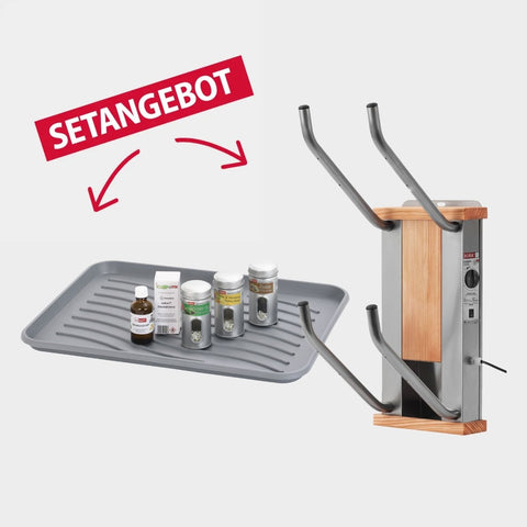 oskari BORA® 2 mit einer Abtropftasse, einem Desindistery und 3 Stück Aromadosen: Zeder, Zitrone-Mandarine, Grüner Tee - Elektrischer Schuhtrockner für 2 Paar Schuhe - OSKARI mit Warmluft für Stiefel, Schuhe, Skischuhe, Fußballschuhe